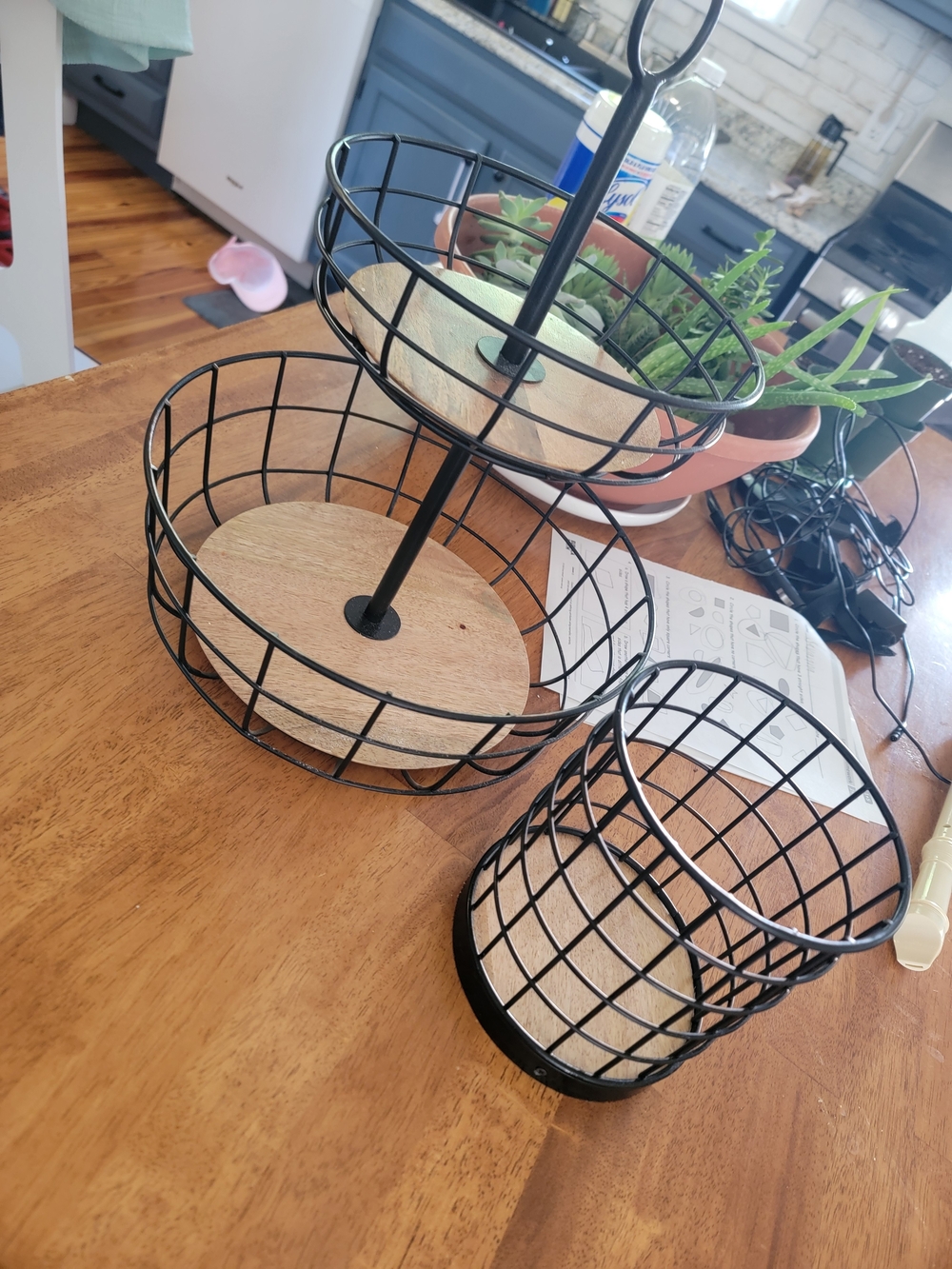 Black Wire Two-Tier Decorative Stand with Wood Accents -